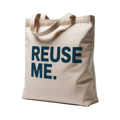 Beige tote bag with blue text isolated on a transparent background