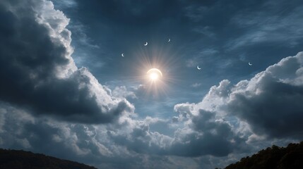 Mysterious celestial event shows a bright sun eclipsed by moons in a dramatic cloudy sky