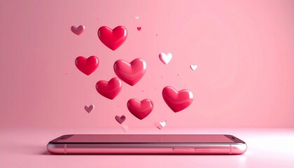 Valentines Day Digital Love Hearts Erupting From Phone on a Pink Background.
