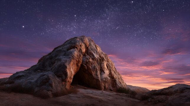 A rugged cave entrance is silhouetted against a vibrant twilight sky filled with stars