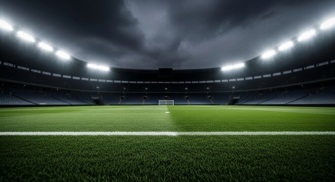 Empty Football Stadium with Dramatic Night Lighting
