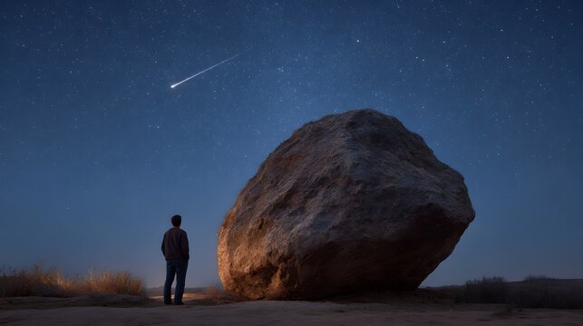 A solitary figure gazes at a massive boulder under a starry night sky with a shooting star streaking across