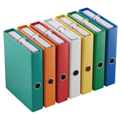 Colorful ring binders stacked in a row isolated on a transparent background