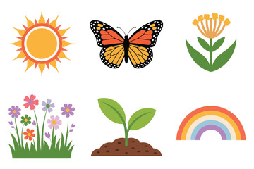 Flat vector icons for ecology, featuring butterfly, plant, rainbow, representing nature, growth, and season change,