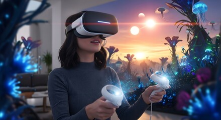 Woman using virtual reality headset with controllers exploring immersive digital world futuristic te