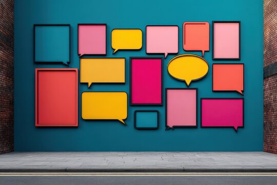 Comic Speech bubble Urban style concept. Colorful speech bubbles on a vibrant wall for communication themes.