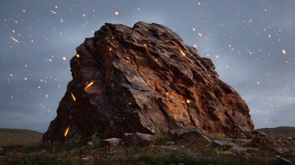 Massive rock formation with glowing embers and celestial fragments against a cloudy twilight sky
