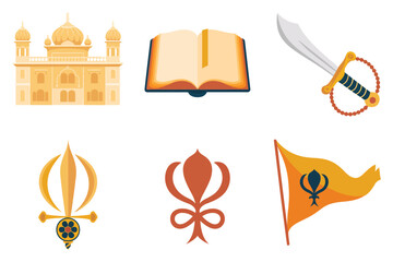 Flat color icons for religious symbol, illustrating Khanda, sword, temple, representing Sikh culture and Vaisakhi festival,