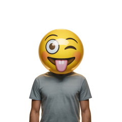 Person wearing a winking emoji mask isolated on a transparent background