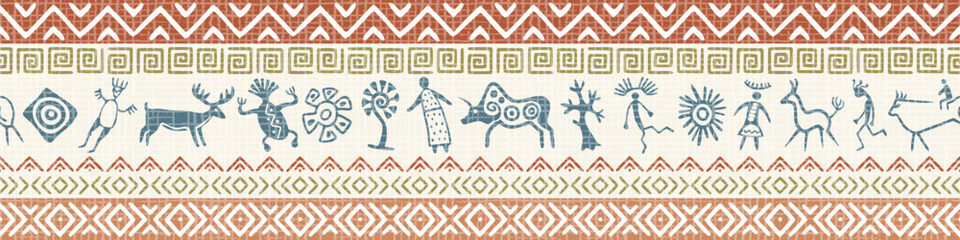 Ethnic seamless border on the theme of rock paintings, petroglyphs and geometric pattern, vector design, banner