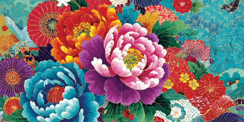 풍성하고 다채로운 색상의 동양적인 꽃 그림이 배경에 어우러져 화려하고 아름다운 분위기를 연출합니다.
