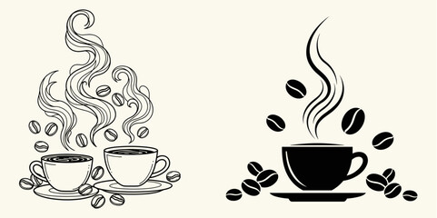 Coffee cup designs with steam and coffee beans, perfect for cafes and restaurant branding