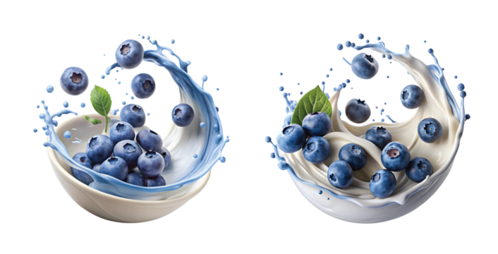 Blueberry Yogurt Splash Symphony: Blueberry yogurt splashing in artistic curves with fresh blueberries suspended mid-air, PNG style.
