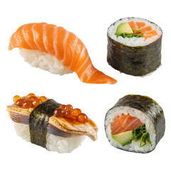 Four Assorted Sushi Pieces isolated on a transparent background