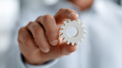 Gear in Hand: A detailed view highlights a single gear held delicately by a person. The scene underscores concepts of industry, precision, and the intricate workings of systems. 