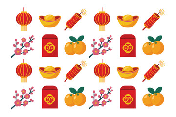Detailed flat vector icons for festive event, showing lanterns, money, ornament, representing traditional holiday and celebration,