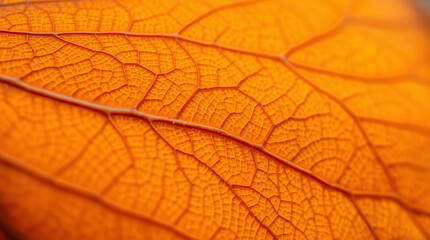 Obraz premium Bright, High-Key Macro of a Fall Leaf, Showcasing a Uniform, Intense Orange Hue and a Fine, Reticulated Network of Subtly Red Veins