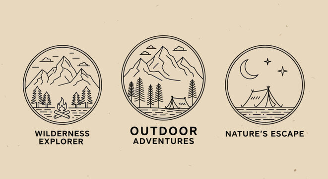 Set of three circular line art logos for outdoor adventures and nature exploration.
