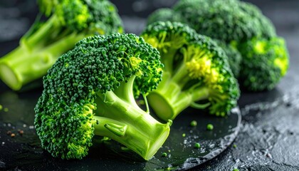 Macro photo green fresh vegetable broccoli. Fresh green broccoli on a black stone table.Broccoli vegetable is full of vitamin
