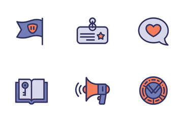 Detailed flat vector icons for communication, showing flag, badge, heart, representing community, social media, and pride,