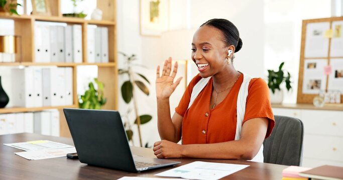 Woman, wave and video call in office with laptop for virtual conference, finance chat or discussion. Happy, black person or earphones with computer for online meeting, financial feedback or greeting.
