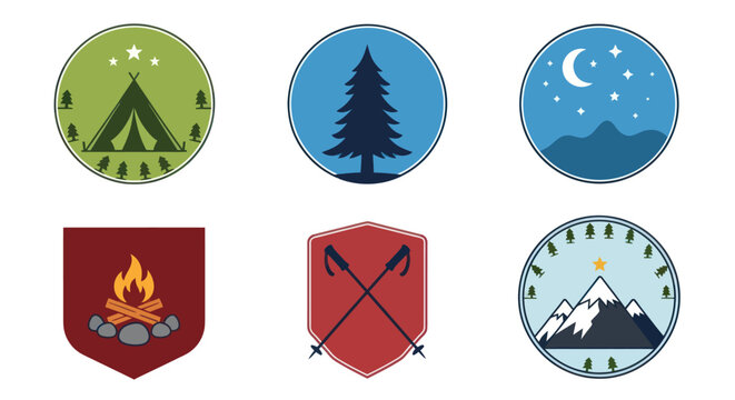 Set of six colorful outdoor adventure and camping vector icons.