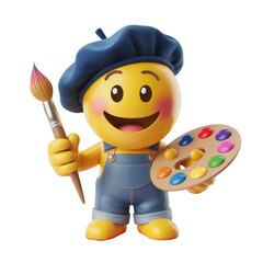 Yellow emoji artist with paintbrush and palette isolated on a transparent background