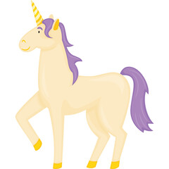 Cream Colored Unicorn With Purple Mane and Tail Stands On Two Legs In A Playful Pose Yellow Horn and Hooves Against White Background