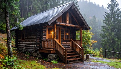 A rustic wooden cabin nestled in a lush, green forest under a misty, overcast sky. The cabin is inviting