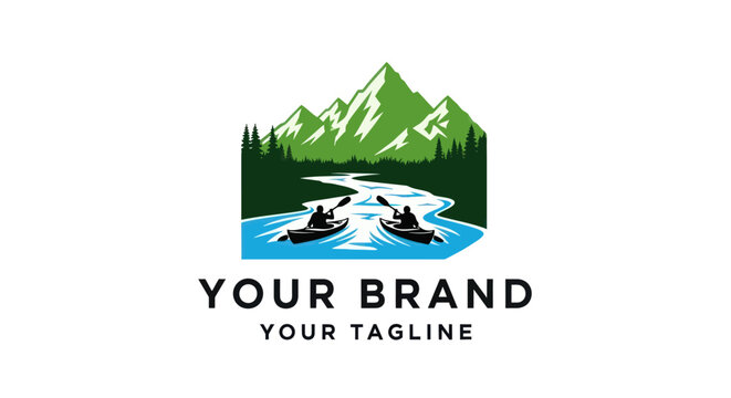 Two people kayaking on a river with mountains and trees in the background.