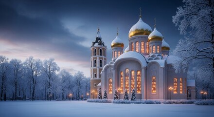 Obraz premium Lithuanian Orthodox cathedral, snow-covered spires and candle-lit icons