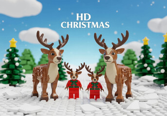 Christmas reindeer family with festive outfits in snowy landscape.