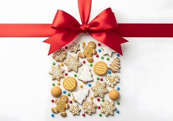 Christmas gift box shape made of assorted cookies and red ribbon bow