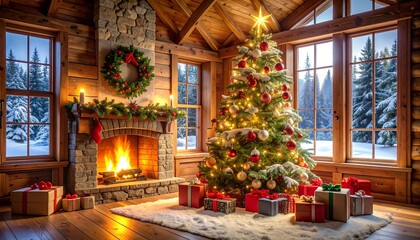 Cozy cabin interior decorated for Christmas with a lit tree and gifts