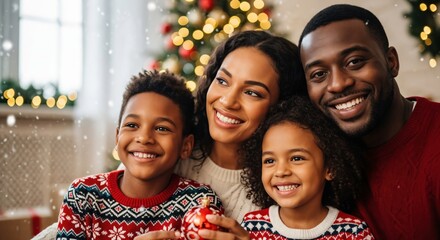 Happy African American Family of Four Celebrating Christmas Holidays Together at Home with Festive Decorations and Falling Snow