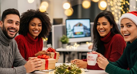 Happy diverse young adults celebrating Christmas in a festive office, exchanging gifts and enjoying the holiday spirit together.