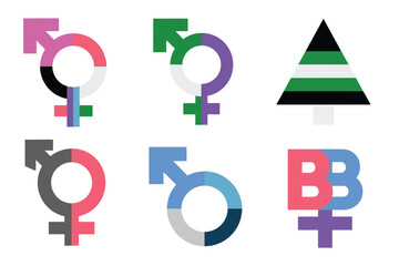 Flat color icons for diversity, illustrating triangle, gender, circle, representing community, identity, and social awareness,
