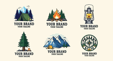 Collection of vintage outdoor adventure and camping logos with natural elements.