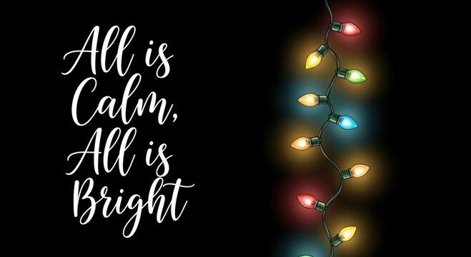 All is Calm, All is Bright Christmas holiday greeting with colorful string lights on a black background - Powered by Adobe
