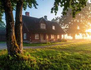 A rustic wooden building, bathed in early morning sunlight filtering through trees. Green grass and a pathway lead to the porch