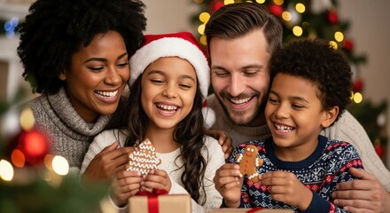 Happy multiracial family celebrating Christmas holidays together, smiling parents and children holding gingerbread cookies in festive home