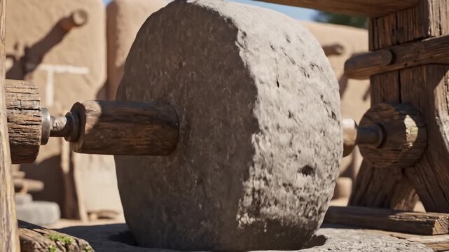 Old Grinding Stone Wheel Rotating in an Arid Environment