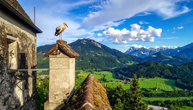 A scenic vista showcasing a bird atop a chimney with a mountain range backdrop under a bright, partly cloudy sky