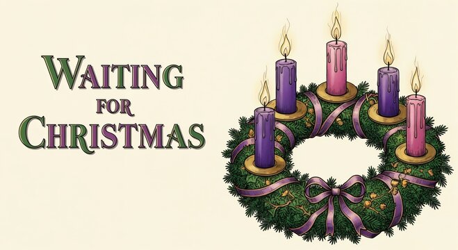Waiting for Christmas text with an Advent wreath featuring five lit candles, three purple and two pink, symbolizing the holiday season and anticipation.
