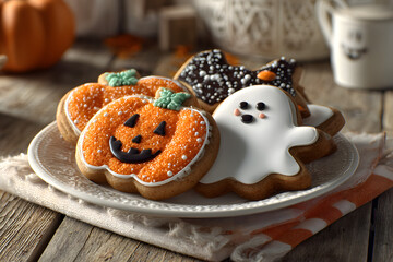 Halloween gingerbread cookies in plate on wooden table
