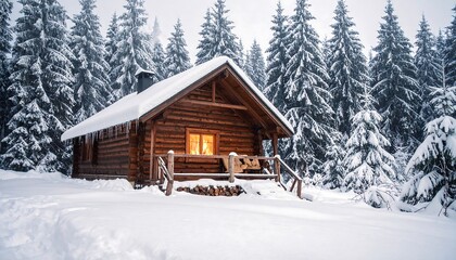 A rustic wooden cabin nestled amidst snow-covered evergreen trees, illuminated by a warm, inviting glow from within. Snowy landscape