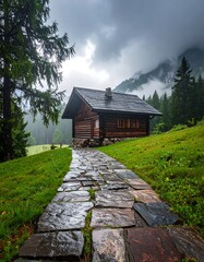 A stone path leads to a rustic wooden cabin nestled on a green hillside under a moody, overcast sky. Mountains rise in the background