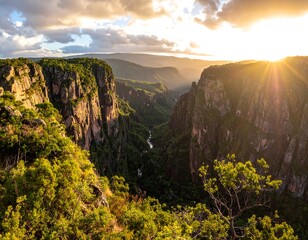 Deep canyon landscape illuminated by the sun's golden rays