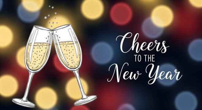 Cheers TO THE New Year celebration with sparkling champagne glasses toasting against a festive bokeh background for holiday greetings and party invitations