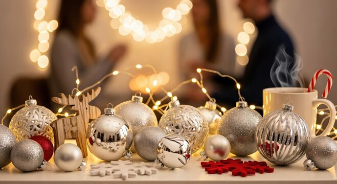 Festive Christmas table decorations with shiny silver and red ornaments, a wooden reindeer, and a steaming hot drink with a candy cane, against warm bokeh lights and blurred people. - Powered by Adobe